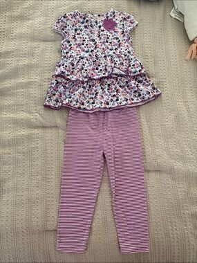 Girls Purple Floral Ruffle Top & Purple Stripe Leggings  Set